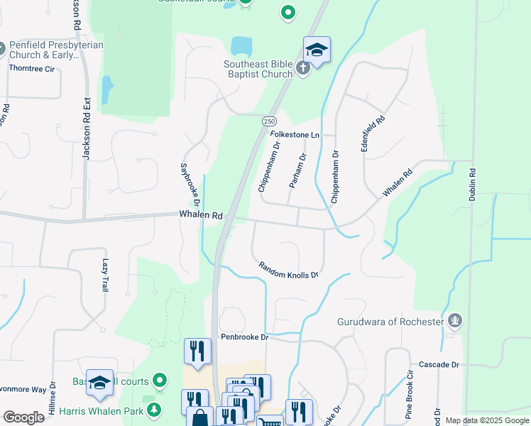 map of restaurants, bars, coffee shops, grocery stores, and more near 25 Chippenham Drive in Penfield