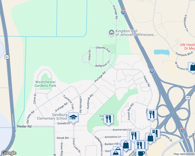 map of restaurants, bars, coffee shops, grocery stores, and more near 3600 Portage Road in Madison