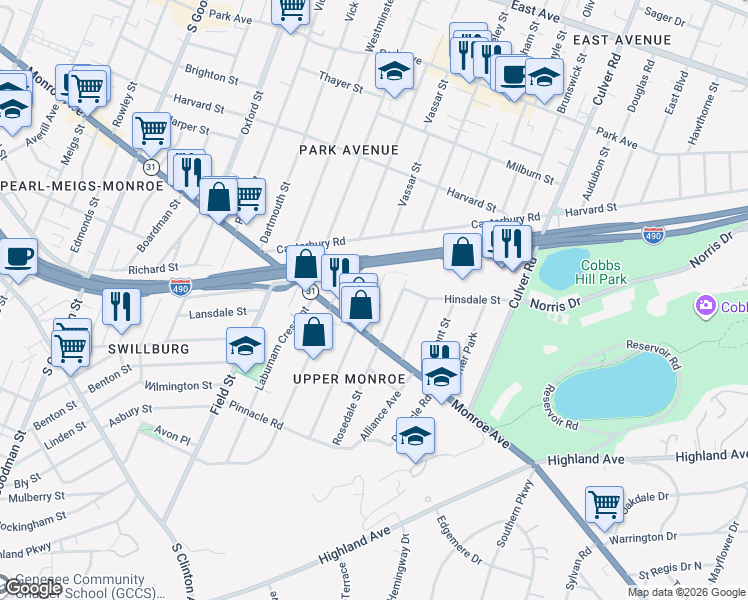 map of restaurants, bars, coffee shops, grocery stores, and more near Luzerne Street & Palisade Park in Rochester