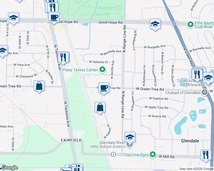 map of restaurants, bars, coffee shops, grocery stores, and more near 2826 West Green Tree Road in Glendale