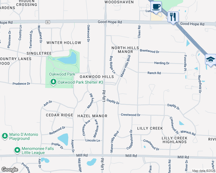 map of restaurants, bars, coffee shops, grocery stores, and more near N68W13955 Oakwood Drive in Menomonee Falls