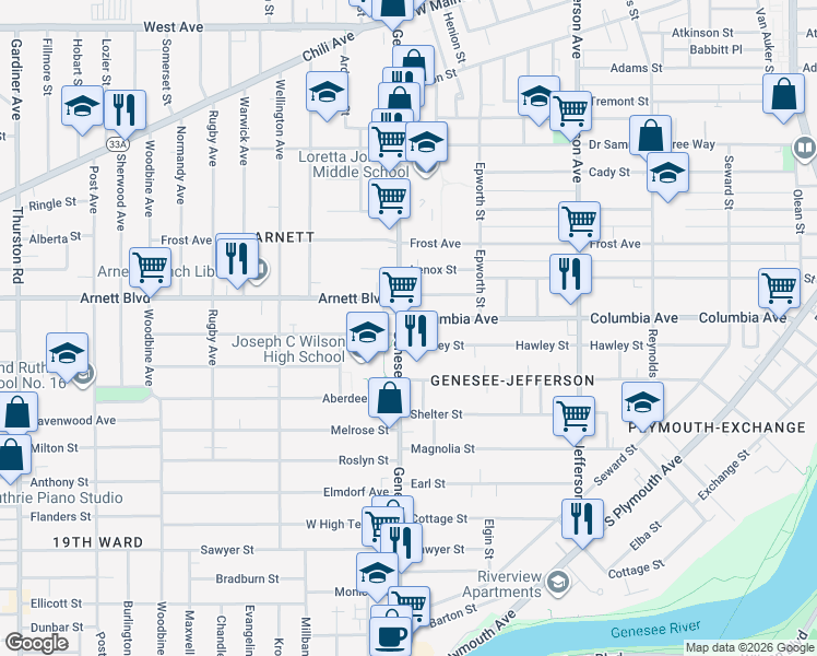 map of restaurants, bars, coffee shops, grocery stores, and more near 539 Columbia Avenue in Rochester