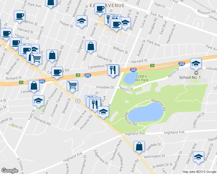 map of restaurants, bars, coffee shops, grocery stores, and more near Werner Park & Hinsdale Street in Rochester