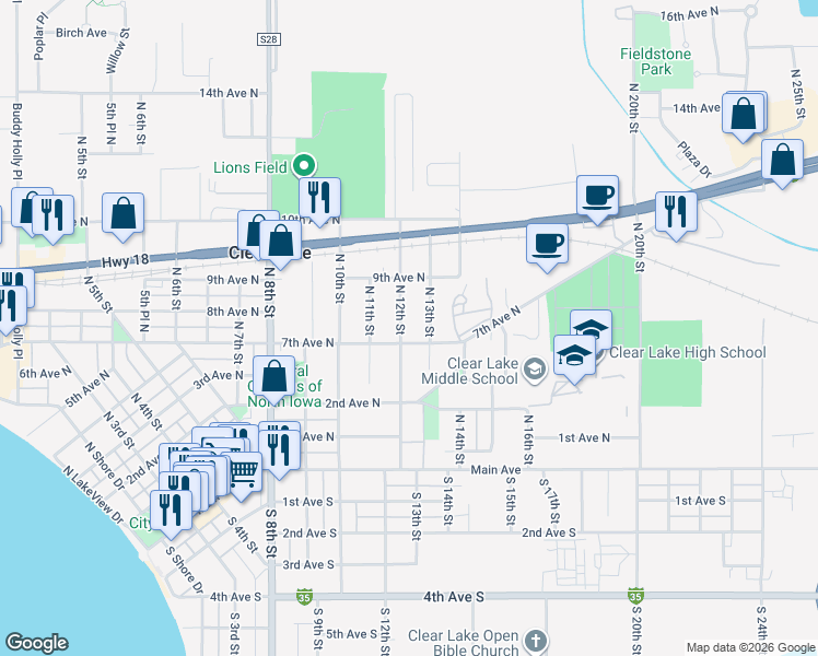 map of restaurants, bars, coffee shops, grocery stores, and more near 708 N 12th St in Clear Lake