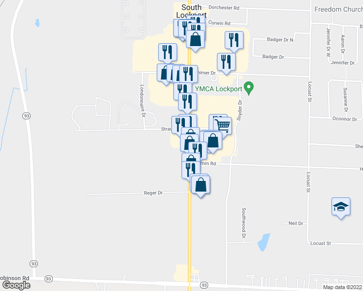 map of restaurants, bars, coffee shops, grocery stores, and more near 5834 South Transit Road in Lockport