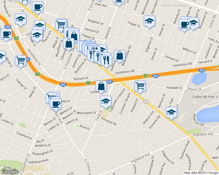 map of restaurants, bars, coffee shops, grocery stores, and more near 49 Field Street in Rochester