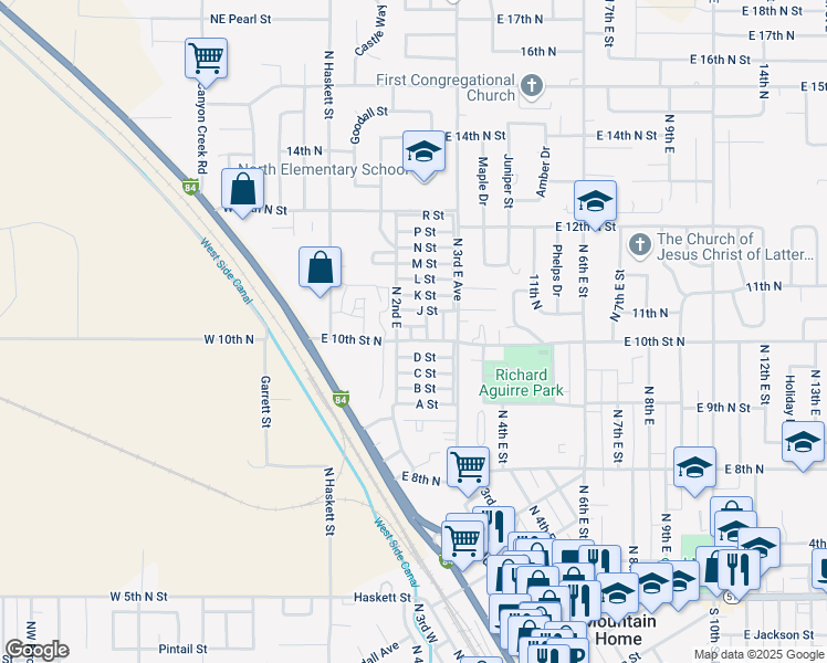 map of restaurants, bars, coffee shops, grocery stores, and more near 199 E Street in Mountain Home