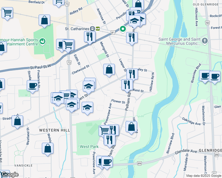 map of restaurants, bars, coffee shops, grocery stores, and more near in St. Catharines