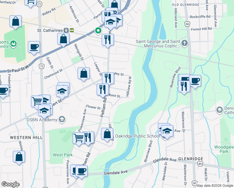 map of restaurants, bars, coffee shops, grocery stores, and more near 34 Kent Street in St. Catharines