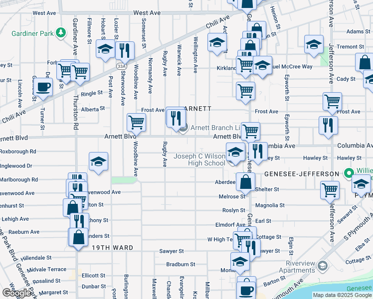 map of restaurants, bars, coffee shops, grocery stores, and more near 190 Aldine Street in Rochester