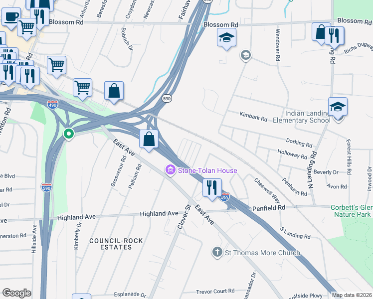 map of restaurants, bars, coffee shops, grocery stores, and more near 28 Kent Park in Rochester