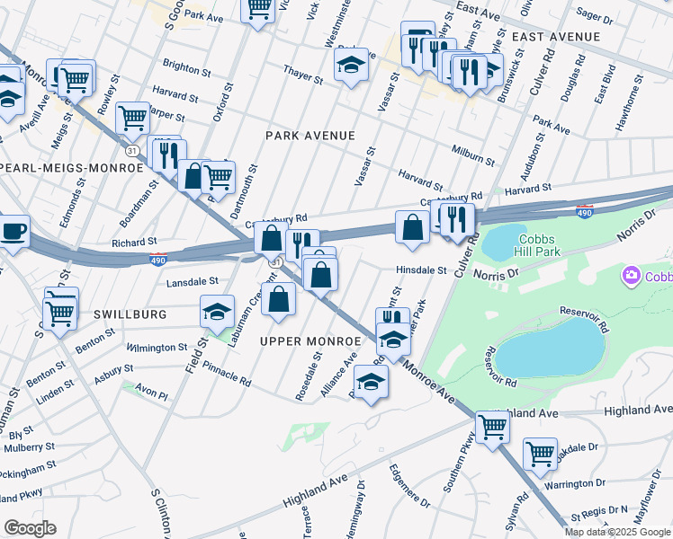 map of restaurants, bars, coffee shops, grocery stores, and more near 307 Rosedale Street in Rochester