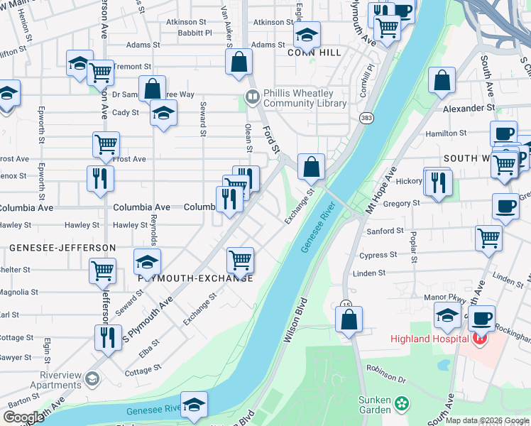 map of restaurants, bars, coffee shops, grocery stores, and more near 36 Doran Street in Rochester