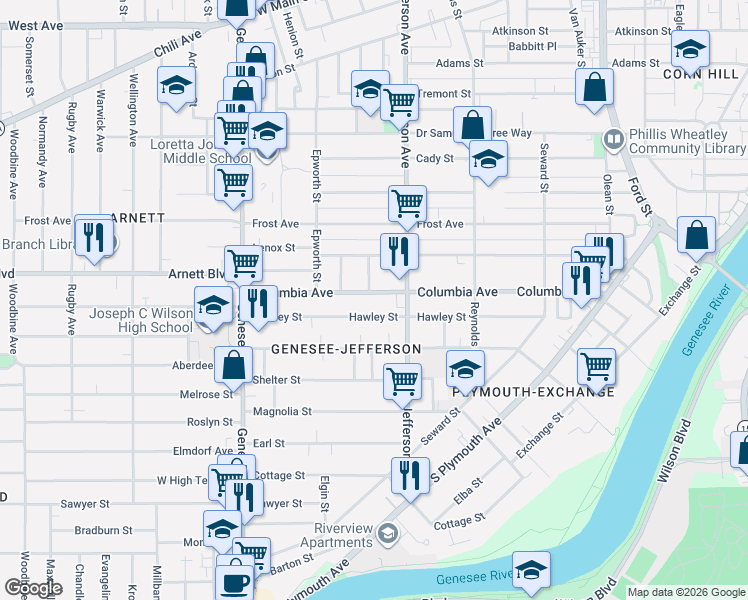 map of restaurants, bars, coffee shops, grocery stores, and more near 385 Columbia Avenue in Rochester