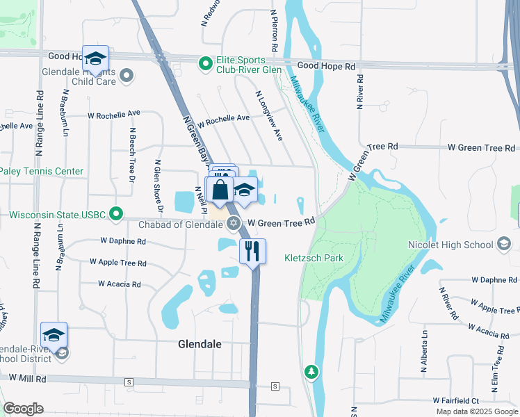 map of restaurants, bars, coffee shops, grocery stores, and more near 1730 West Green Tree Road in Glendale