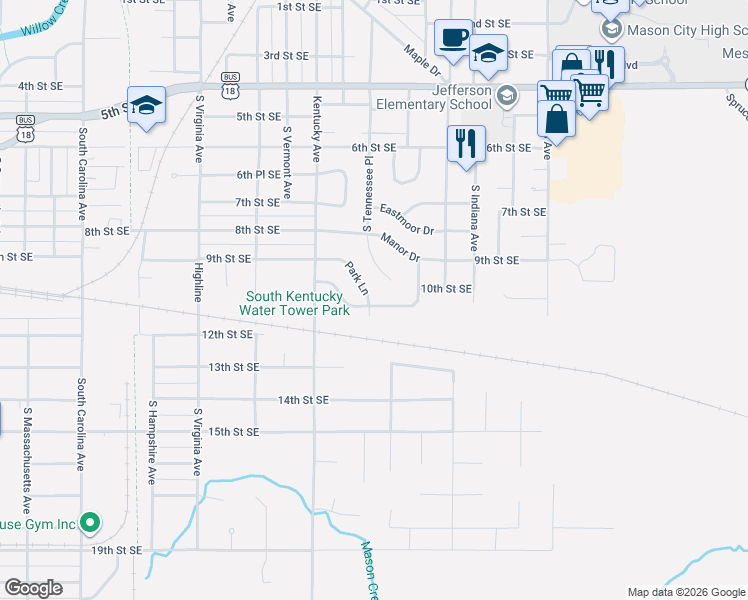 map of restaurants, bars, coffee shops, grocery stores, and more near 1076 Park Lane in Mason City