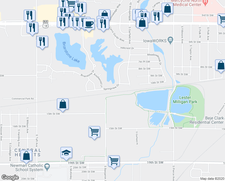 map of restaurants, bars, coffee shops, grocery stores, and more near 1833 Springview Drive in Mason City