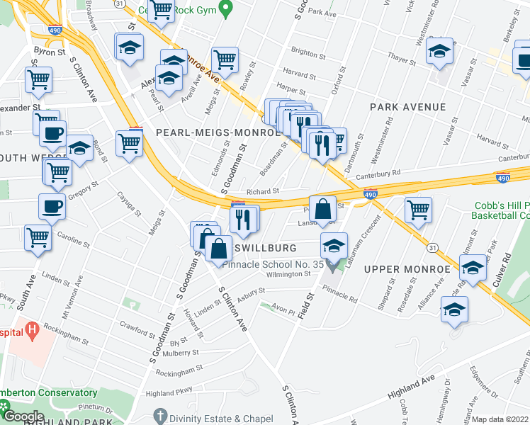 map of restaurants, bars, coffee shops, grocery stores, and more near 84 Allmeroth Street in Rochester