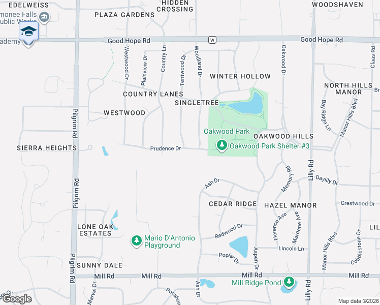 map of restaurants, bars, coffee shops, grocery stores, and more near N68W14817 Prudence Drive in Menomonee Falls