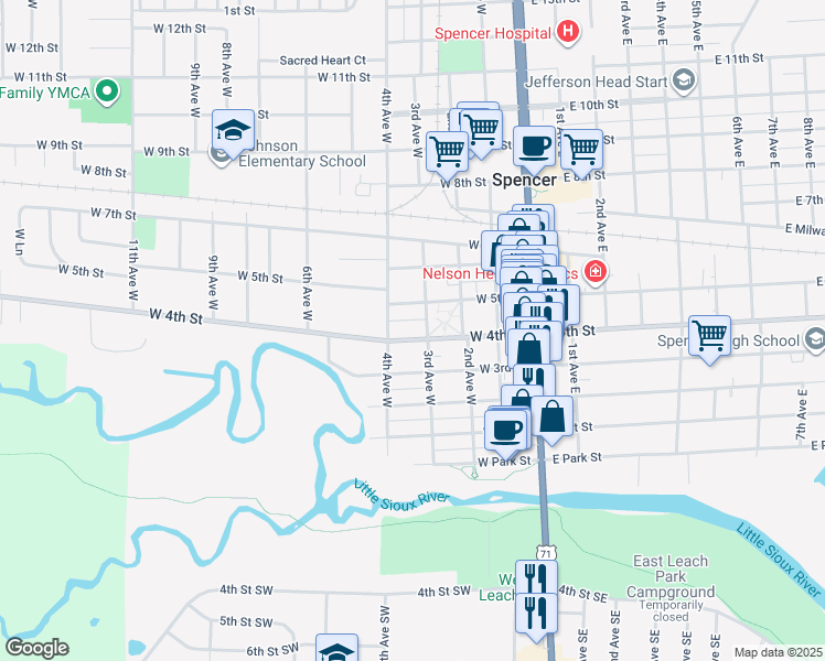 map of restaurants, bars, coffee shops, grocery stores, and more near 307 West 4th Street in Spencer