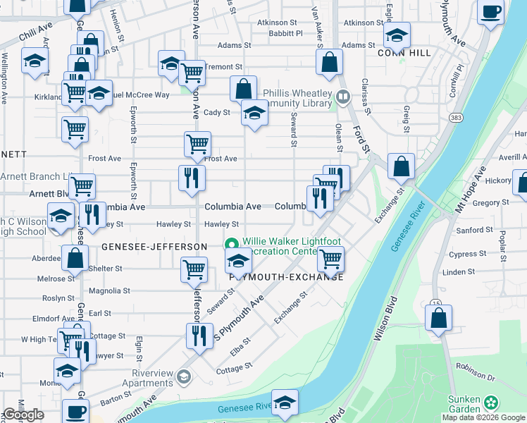 map of restaurants, bars, coffee shops, grocery stores, and more near 165 Columbia Avenue in Rochester