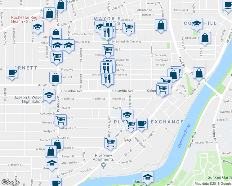 map of restaurants, bars, coffee shops, grocery stores, and more near 275 Columbia Avenue in Rochester