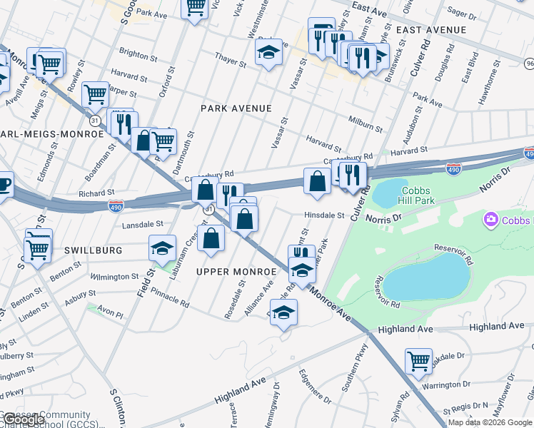 map of restaurants, bars, coffee shops, grocery stores, and more near 297 Rosedale Street in Rochester