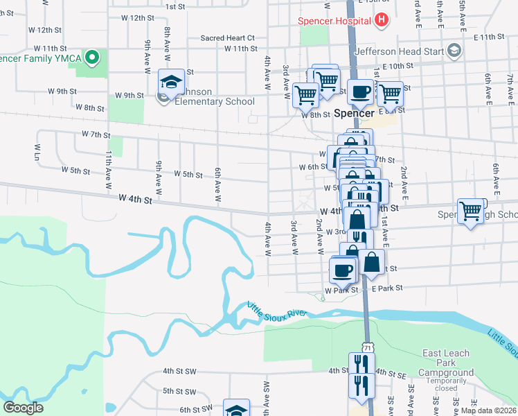map of restaurants, bars, coffee shops, grocery stores, and more near 409 West 4th Street in Spencer