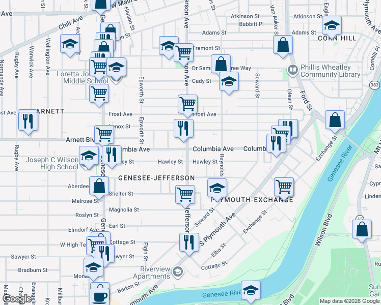 map of restaurants, bars, coffee shops, grocery stores, and more near 275 Columbia Avenue in Rochester