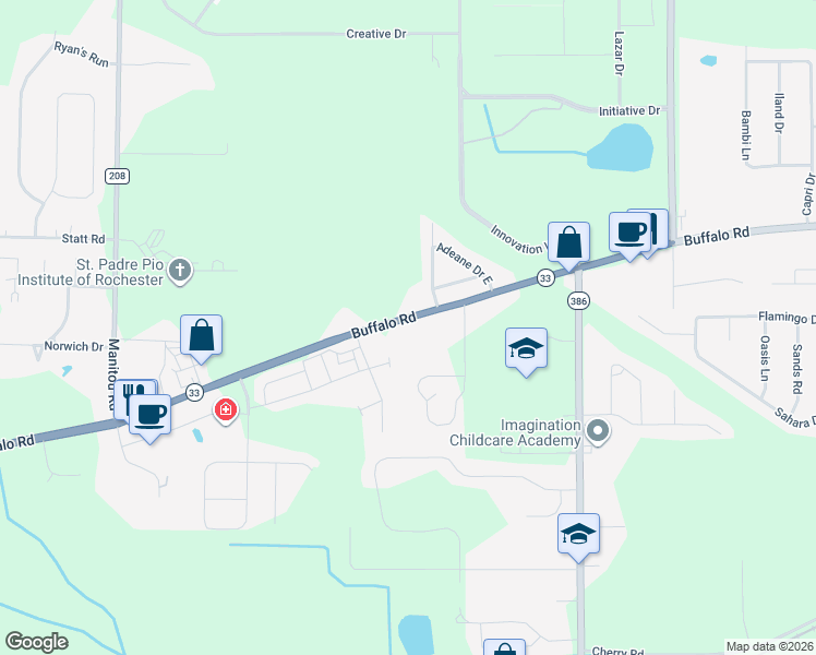 map of restaurants, bars, coffee shops, grocery stores, and more near 3321 Buffalo Road in Rochester