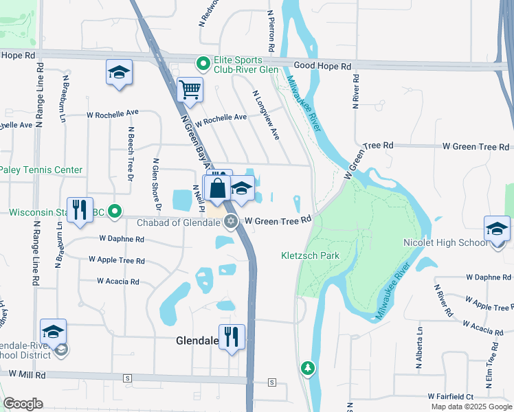 map of restaurants, bars, coffee shops, grocery stores, and more near 1730 West Green Tree Road in Glendale