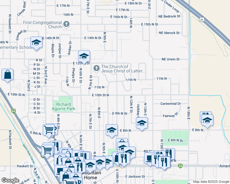map of restaurants, bars, coffee shops, grocery stores, and more near 1015 North 10th East Street in Mountain Home