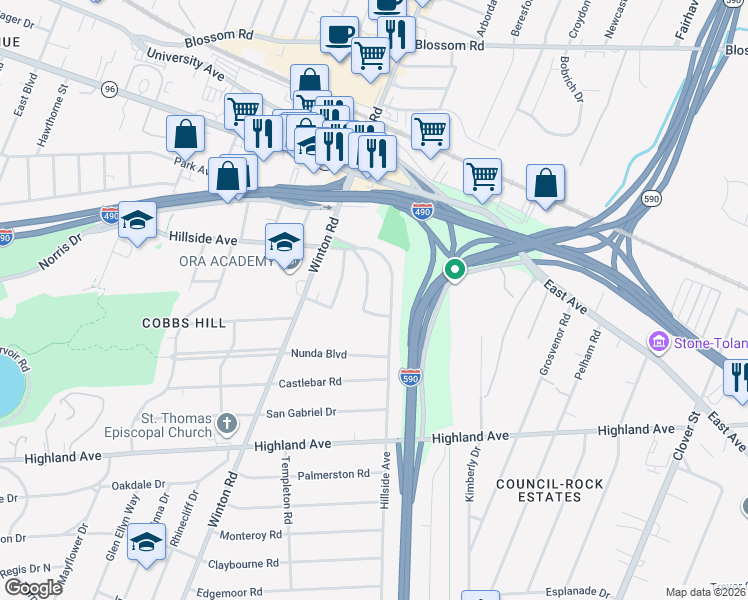 map of restaurants, bars, coffee shops, grocery stores, and more near 88 Cathaway Park in Rochester