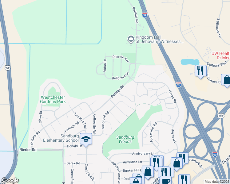 map of restaurants, bars, coffee shops, grocery stores, and more near 3600 Portage Road in Madison