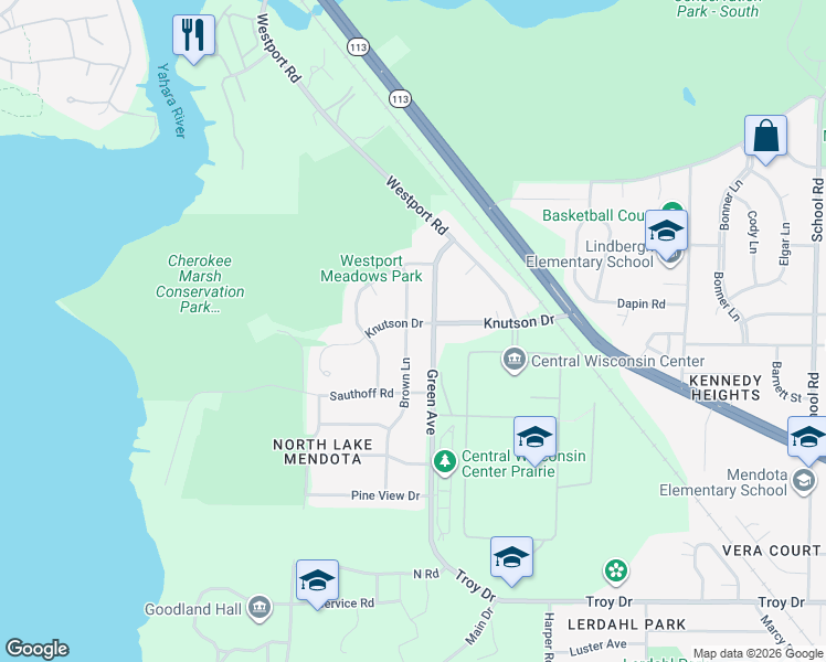 map of restaurants, bars, coffee shops, grocery stores, and more near 121 Knutson Drive in Madison
