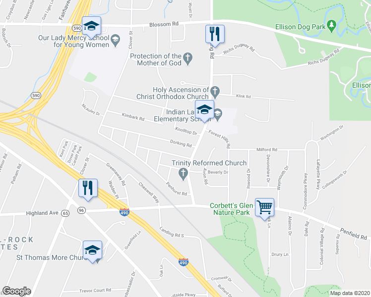 map of restaurants, bars, coffee shops, grocery stores, and more near 265 Dorking Road in Rochester