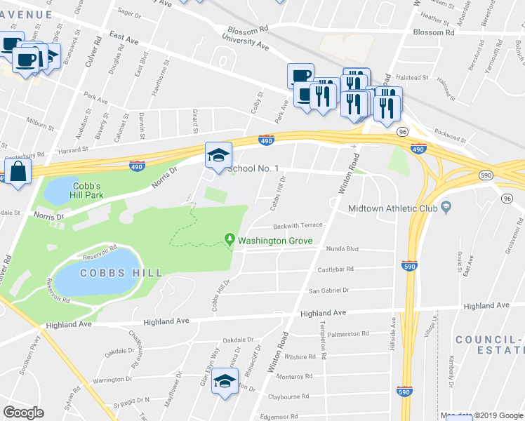 map of restaurants, bars, coffee shops, grocery stores, and more near 179 Cobbs Hill Drive in Rochester