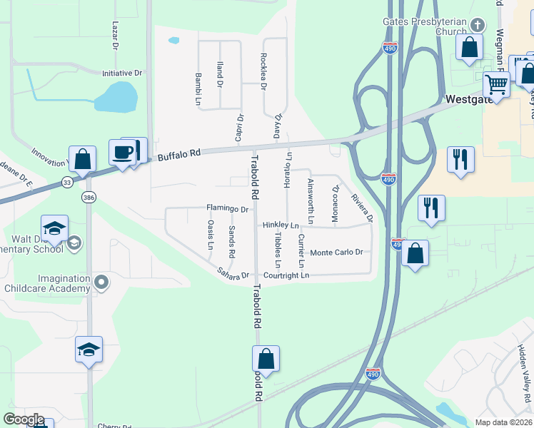 map of restaurants, bars, coffee shops, grocery stores, and more near 138 Trabold Road in Rochester