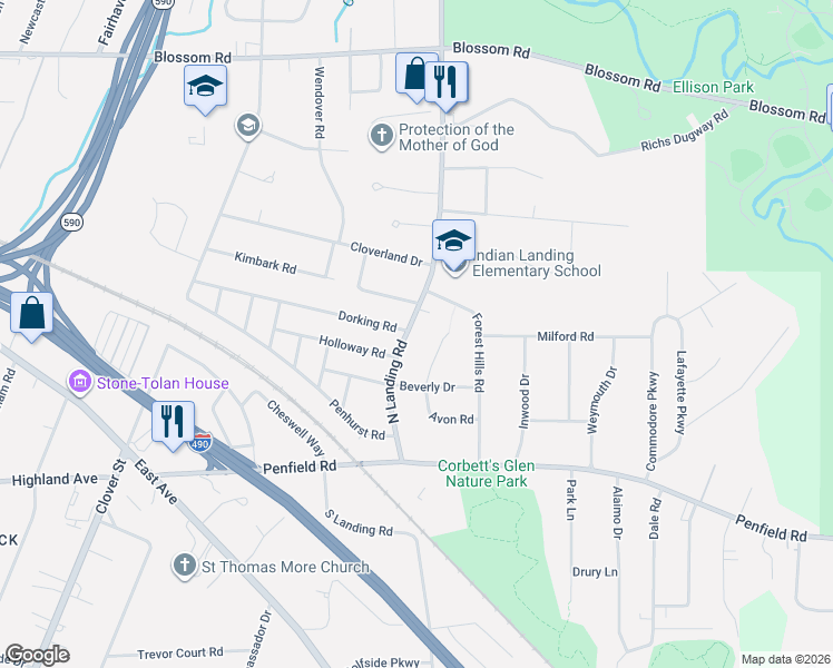 map of restaurants, bars, coffee shops, grocery stores, and more near 776 North Landing Road in Rochester
