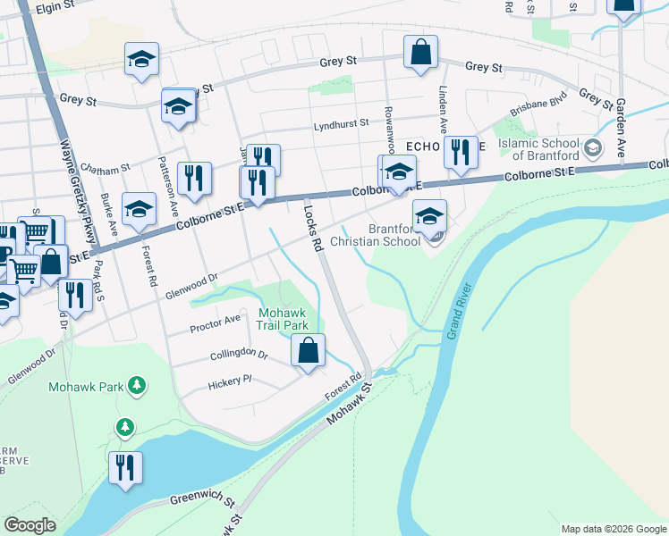map of restaurants, bars, coffee shops, grocery stores, and more near 43 Locks Road in Brantford