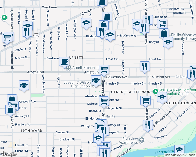 map of restaurants, bars, coffee shops, grocery stores, and more near 30 Aldine Street in Rochester