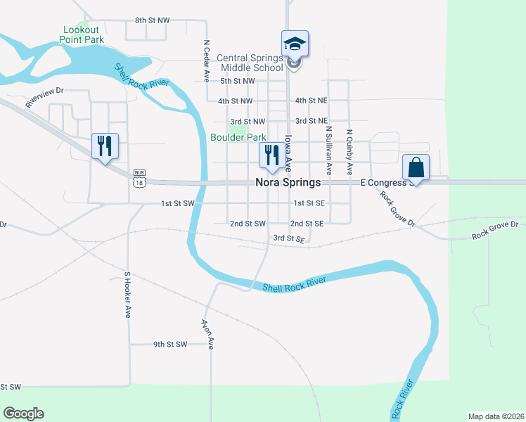 map of restaurants, bars, coffee shops, grocery stores, and more near 110 South Hawkeye Avenue in Nora Springs