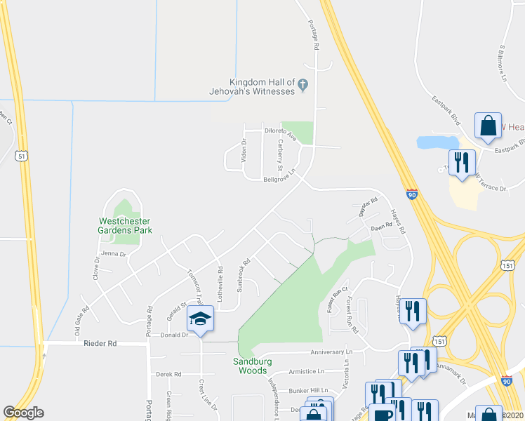 map of restaurants, bars, coffee shops, grocery stores, and more near 3600 Portage Road in Madison