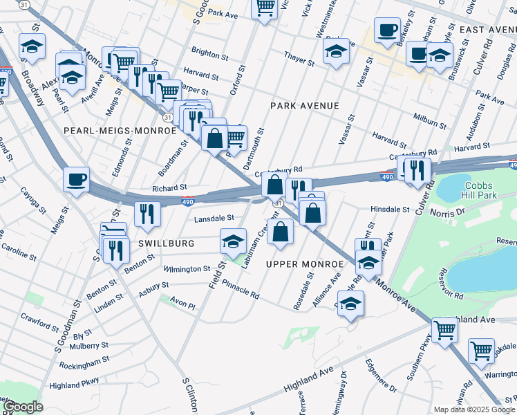 map of restaurants, bars, coffee shops, grocery stores, and more near 36 Field Street in Rochester