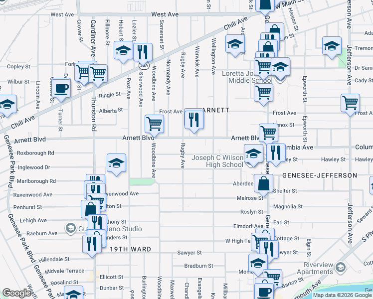 map of restaurants, bars, coffee shops, grocery stores, and more near 310 Rugby Avenue in Rochester