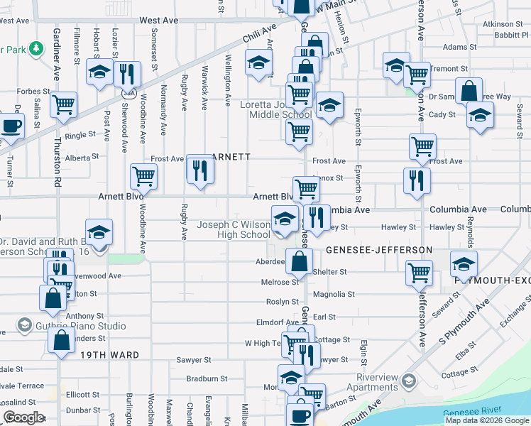 map of restaurants, bars, coffee shops, grocery stores, and more near 82 Aldine Street in Rochester