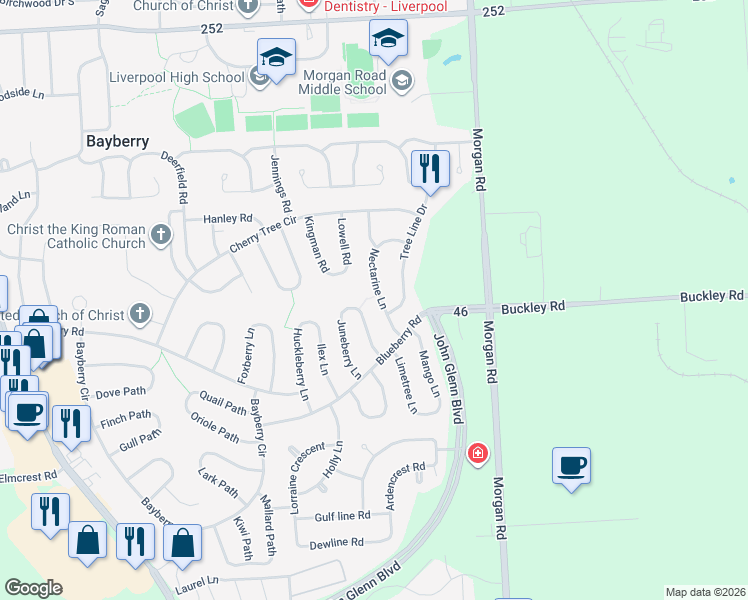 map of restaurants, bars, coffee shops, grocery stores, and more near 13 Nectarine Lane in Liverpool