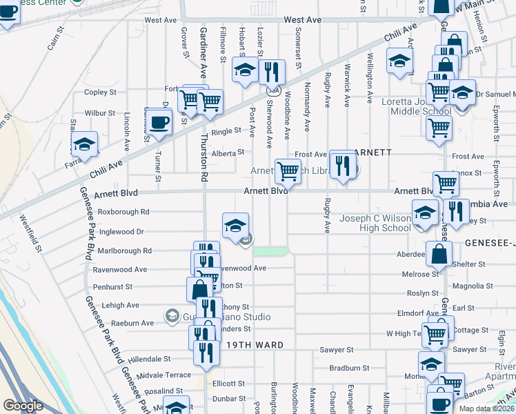 map of restaurants, bars, coffee shops, grocery stores, and more near 232 Post Ave in Rochester