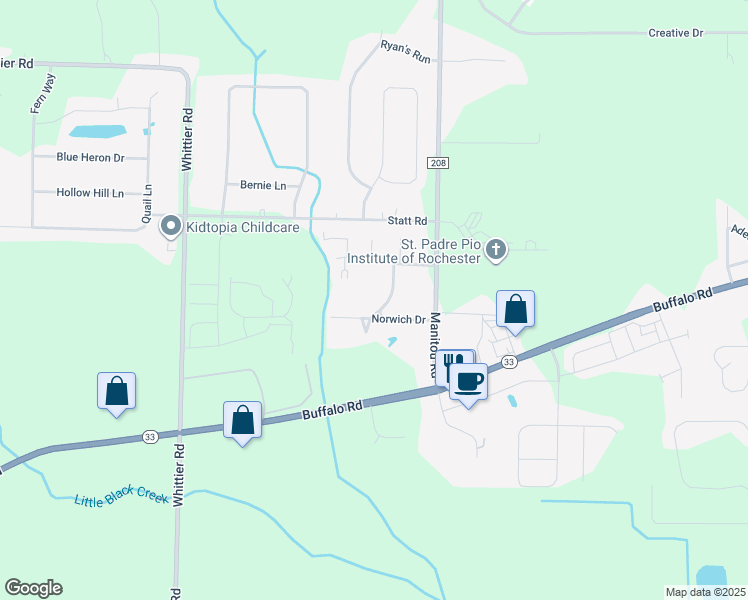 map of restaurants, bars, coffee shops, grocery stores, and more near 62 Norwich Drive in Rochester