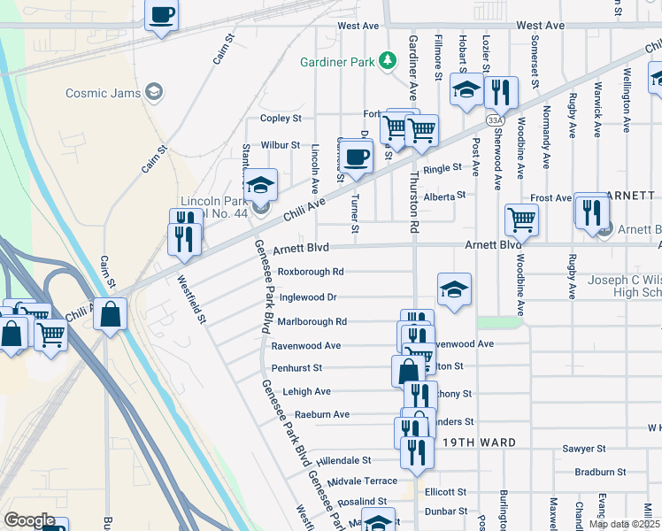map of restaurants, bars, coffee shops, grocery stores, and more near 142 Roxborough Road in Rochester